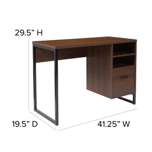 English Elm Coffee Wood Grain Finish Computer Desk with Black Metal Frame