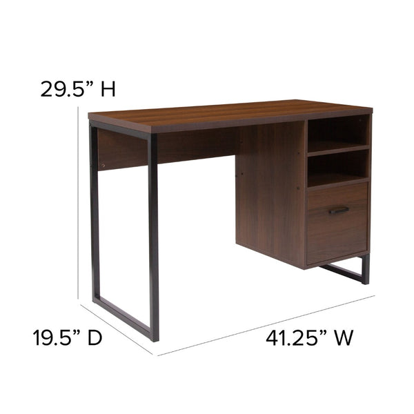 English Elm Coffee Wood Grain Finish Computer Desk with Black Metal Frame