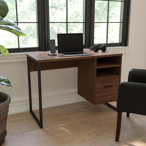 English Elm Coffee Wood Grain Finish Computer Desk with Black Metal Frame