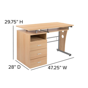 English Elm Desk with Three Drawer Pedestal and Pull-Out Keyboard Tray