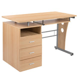 English Elm Desk with Three Drawer Pedestal and Pull-Out Keyboard Tray