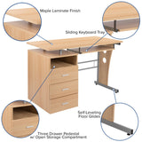 English Elm Desk with Three Drawer Pedestal and Pull-Out Keyboard Tray