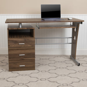 English Elm Desk with Three Drawer Pedestal and Pull-Out Keyboard Tray