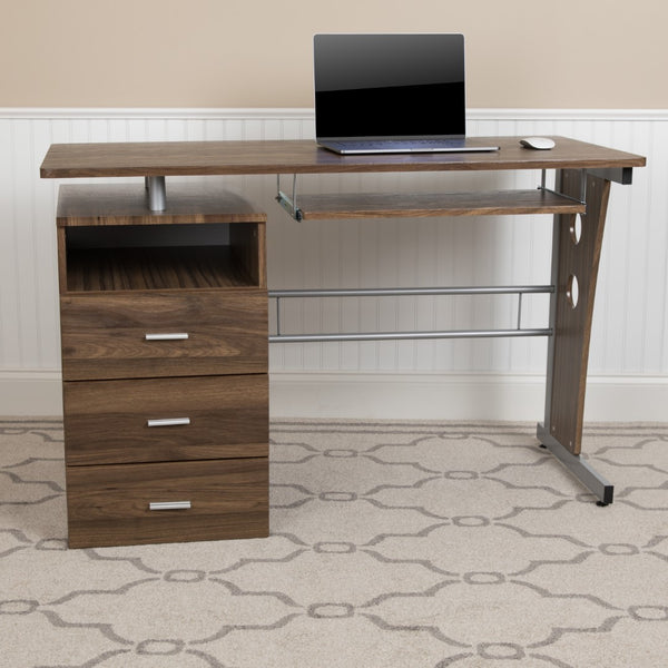 English Elm Desk with Three Drawer Pedestal and Pull-Out Keyboard Tray