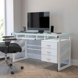 English Elm Computer Desk with Frosted Glass Top and Three Drawer Pedestal