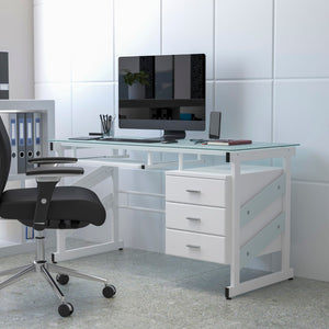 English Elm Computer Desk with Frosted Glass Top and Three Drawer Pedestal