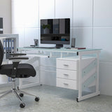 Glass Computer Desk with 3-Drawer Pedestal & Spacious Desktop, Silver Bar Pulls