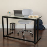 English Elm Glass Desk with Black Pedestal Metal Frame