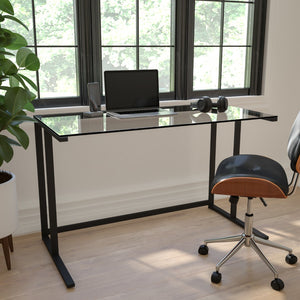 English Elm Glass Desk with Black Pedestal Metal Frame