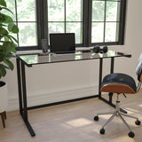 Glass Desk with Black Pedestal Metal Frame