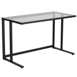 English Elm Glass Desk with Black Pedestal Metal Frame