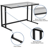 English Elm Glass Desk with Black Pedestal Metal Frame