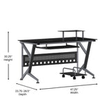 English Elm Glass Computer Desk with Pull-Out Keyboard Tray and CPU Cart