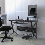 Glass Computer Desk with Keyboard Tray and CPU Cart - Modern Style