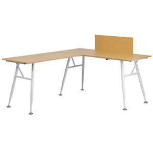 English Elm Laminate L-Shape Computer Desk with White Metal Frame