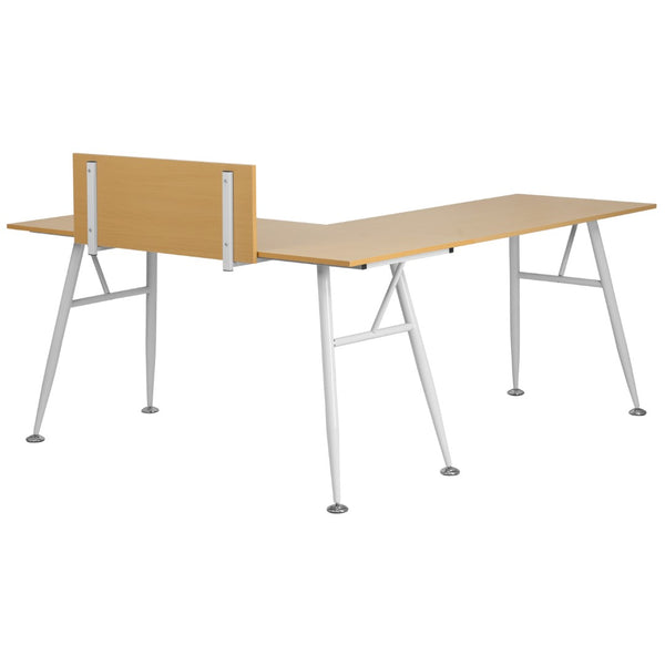 English Elm Laminate L-Shape Computer Desk with White Metal Frame