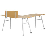 English Elm Laminate L-Shape Computer Desk with White Metal Frame