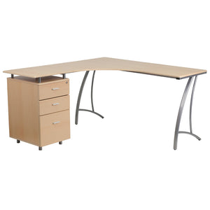 English Elm Laminate L-Shape Desk with Three Drawer Pedestal