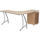 English Elm Laminate L-Shape Desk with Three Drawer Pedestal