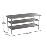 English Elm Commercial Grade 18 Gauge Work Table with 2 Undershelves - 72"W x 30"D x 34.5"H, NSF