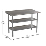 English Elm Commercial Grade 18 Gauge Work Table with 1.5" Backsplash and 2 Undershelves - 48"W x 24"D x 36"H, NSF