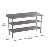 English Elm Commercial Grade 18 Gauge Work Table with 1.5" Backsplash and 2 Undershelves - 60"W x 24"D x 36"H, NSF