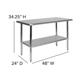 English Elm Commercial Grade 18 Gauge Prep and Work Table with Undershelf - NSF Certified - 48"W x 24"D x 34.5"H