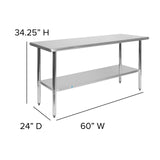 English Elm Commercial Grade 18 Gauge Prep and Work Table with Undershelf - NSF Certified - 60"W x 24"D x 34.5"H