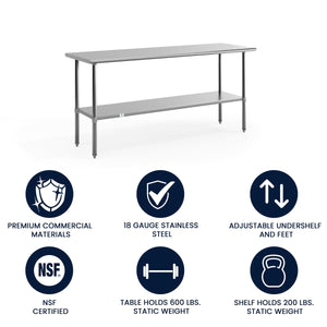 English Elm Commercial Grade 18 Gauge Prep and Work Table with Undershelf - NSF Certified - 72"W x 30"D x 34.5"H