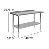 English Elm Commercial Grade 18 Gauge Prep and Work Table with 1.5" Backsplash and Undershelf - NSF Certified - 48"W x 24"D x 36"H