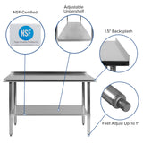 English Elm Commercial Grade 18 Gauge Prep and Work Table with 1.5" Backsplash and Undershelf - NSF Certified - 48"W x 24"D x 36"H