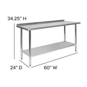 English Elm Commercial Grade 18 Gauge Prep and Work Table with 1.5" Backsplash and Undershelf - NSF Certified - 60"W x 24"D x 36"H