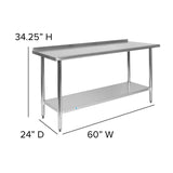 English Elm Commercial Grade 18 Gauge Prep and Work Table with 1.5" Backsplash and Undershelf - NSF Certified - 60"W x 24"D x 36"H