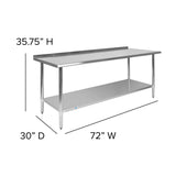 English Elm Commercial Grade 18 Gauge Prep and Work Table with 1.5" Backsplash and Undershelf - NSF Certified - 72"W x 30"D x 36"H