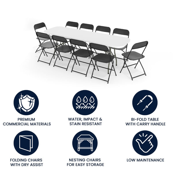 English Elm Commercial Grade 8' Bi-Fold Granite White Plastic Event/Training Folding Table Set with 10 Folding Chairs