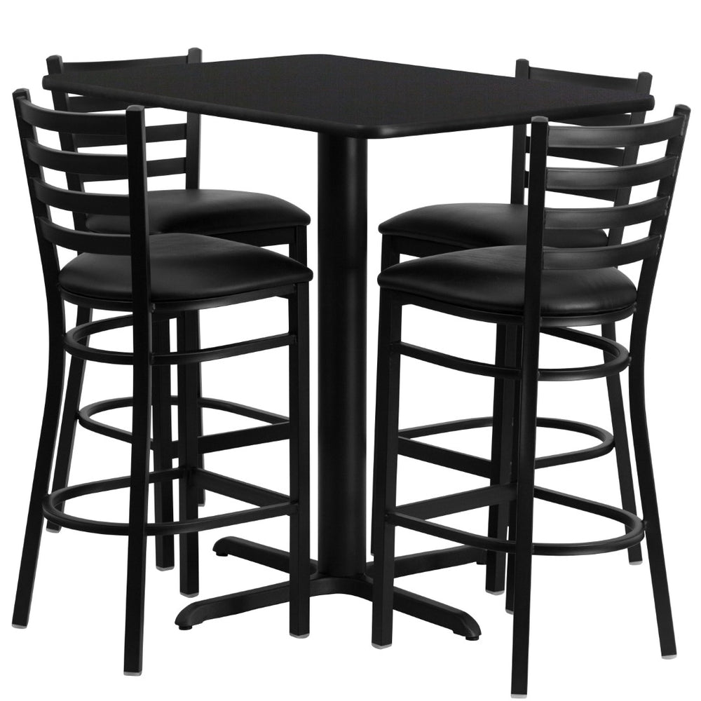 English Elm Commercial Grade 24''W x 42''L Rectangular Laminate Table Set with 4 Ladder Back Metal Barstools - Vinyl Seat