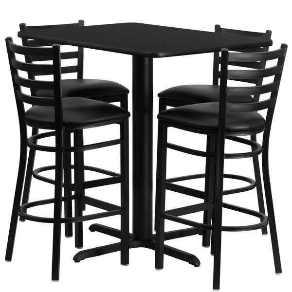 English Elm Commercial Grade 24''W x 42''L Rectangular Laminate Table Set with 4 Ladder Back Metal Barstools - Vinyl Seat