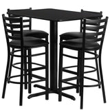 English Elm Commercial Grade 24''W x 42''L Rectangular Laminate Table Set with 4 Ladder Back Metal Barstools - Vinyl Seat