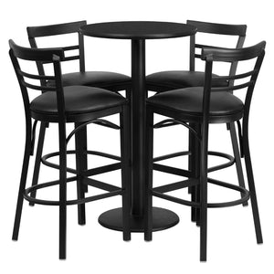 English Elm Commercial Grade 24'' Round Laminate Table Set with Round Base and 4 Two-Slat Ladder Back Metal Barstools - Vinyl Seat