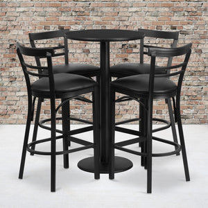 English Elm Commercial Grade 24'' Round Laminate Table Set with Round Base and 4 Two-Slat Ladder Back Metal Barstools - Vinyl Seat