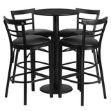 English Elm Commercial Grade 24'' Round Laminate Table Set with Round Base and 4 Two-Slat Ladder Back Metal Barstools - Vinyl Seat