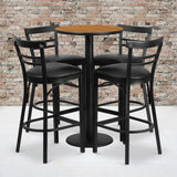 Commercial Grade 24'' Round Natural Laminate Table Set with Round Base and 4 Two-Slat Ladder Back Metal Barstools - Vinyl Seat