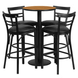 English Elm Commercial Grade 24'' Round Natural Laminate Table Set with Round Base and 4 Two-Slat Ladder Back Metal Barstools - Vinyl Seat