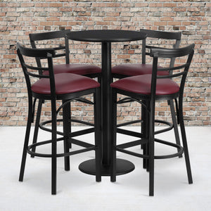 English Elm Commercial Grade 24'' Round Black Laminate Table Set with Round Base and 4 Two-Slat Ladder Back Metal Barstools - Vinyl Seat