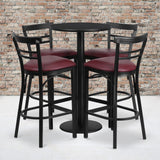 Commercial Grade 24'' Round Black Laminate Table Set with Round Base and 4 Two-Slat Ladder Back Metal Barstools - Vinyl Seat