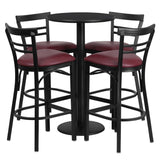 English Elm Commercial Grade 24'' Round Black Laminate Table Set with Round Base and 4 Two-Slat Ladder Back Metal Barstools - Vinyl Seat