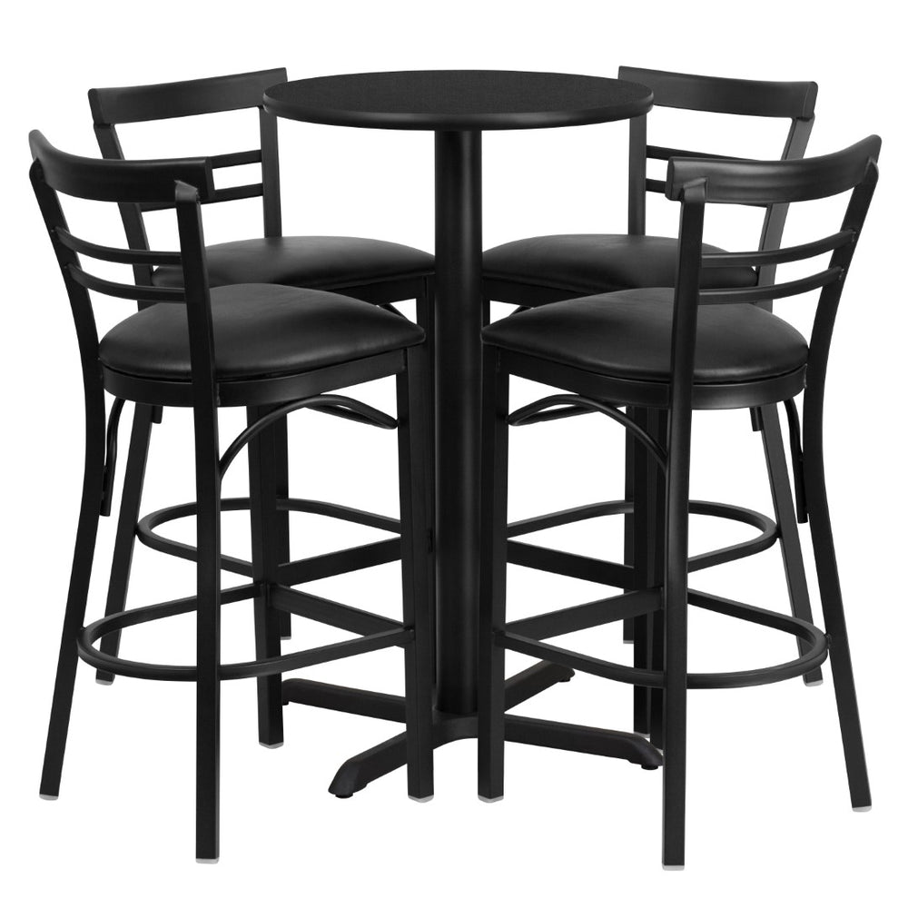 English Elm Commercial Grade 24'' Round Laminate Table Set with X-Base and 4 Two-Slat Ladder Back Metal Barstools - Vinyl Seat