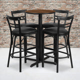 Commercial Grade 24'' Round Walnut Laminate Table Set with X-Base and 4 Two-Slat Ladder Back Metal Barstools - Vinyl Seat