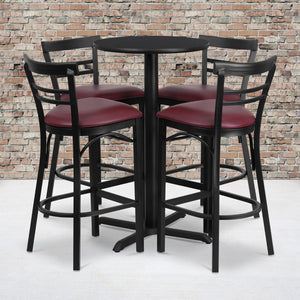 English Elm Commercial Grade 24'' Round Black Laminate Table Set with X-Base and 4 Two-Slat Ladder Back Metal Barstools - Vinyl Seat