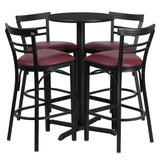 English Elm Commercial Grade 24'' Round Black Laminate Table Set with X-Base and 4 Two-Slat Ladder Back Metal Barstools - Vinyl Seat